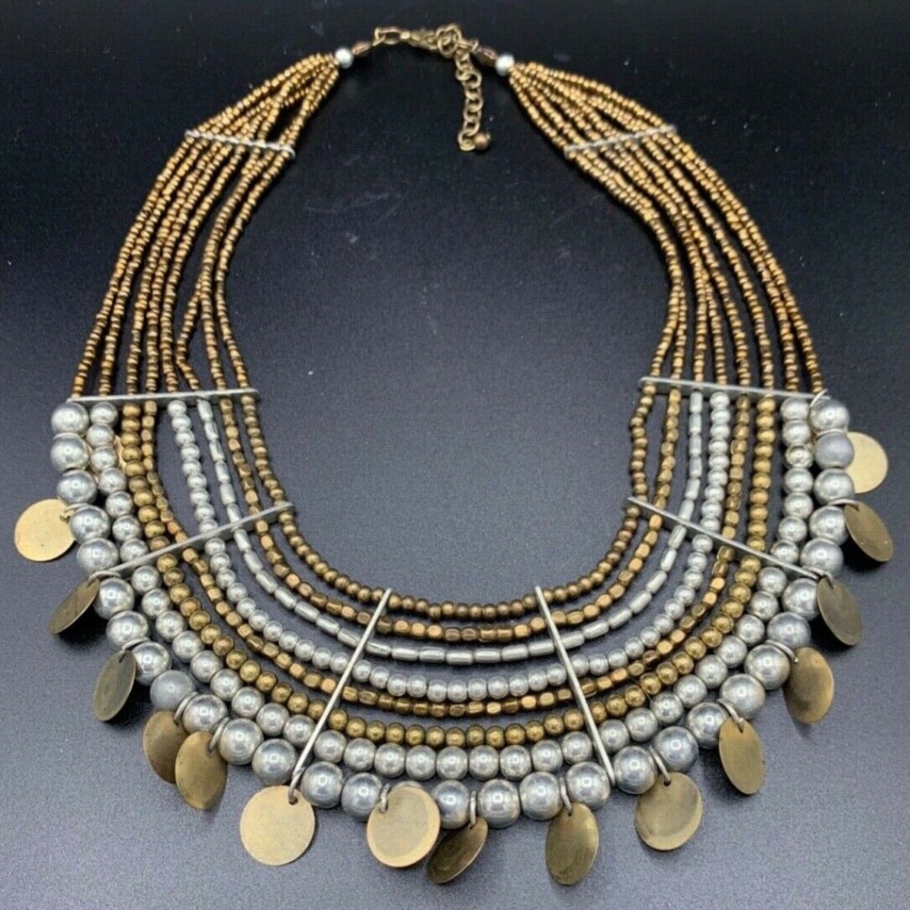 Multi-layered Metal Beaded Woman's Necklace with Metal Accent Pieces